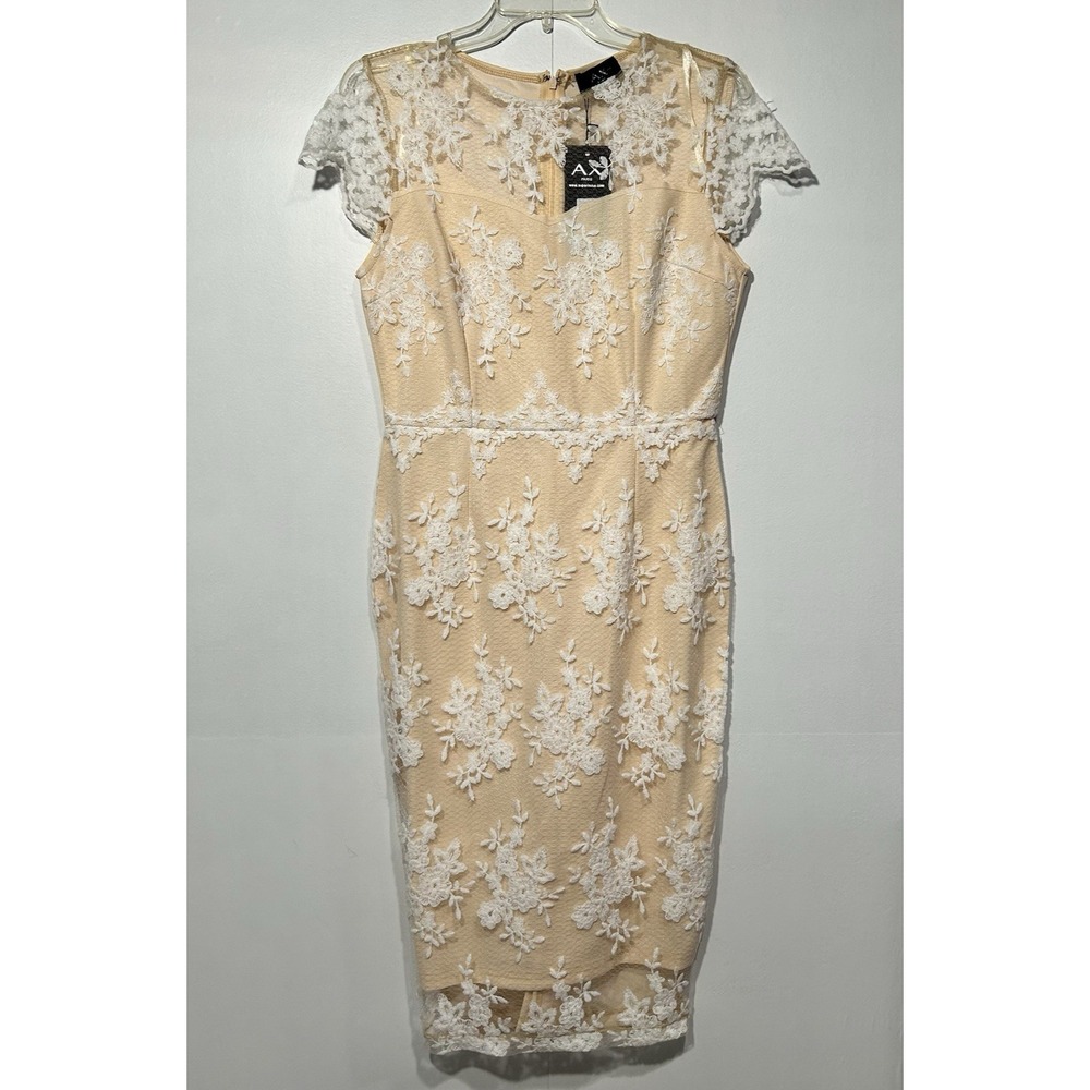 AX Paris Shift Dress Womans Size 8 Beige White‎ Lace Embroidered Romantic Party